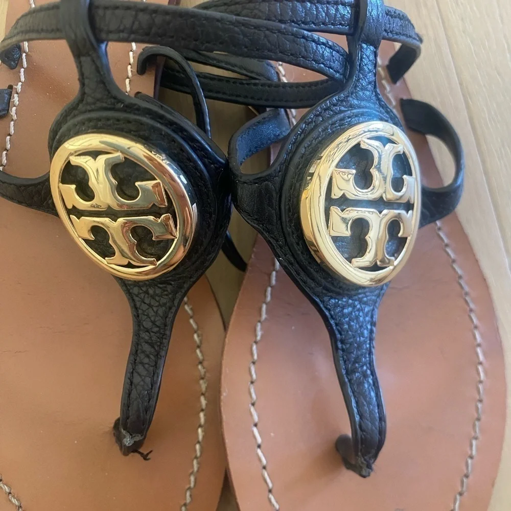 Tory burch black ankle strap (with gold logo) sandals